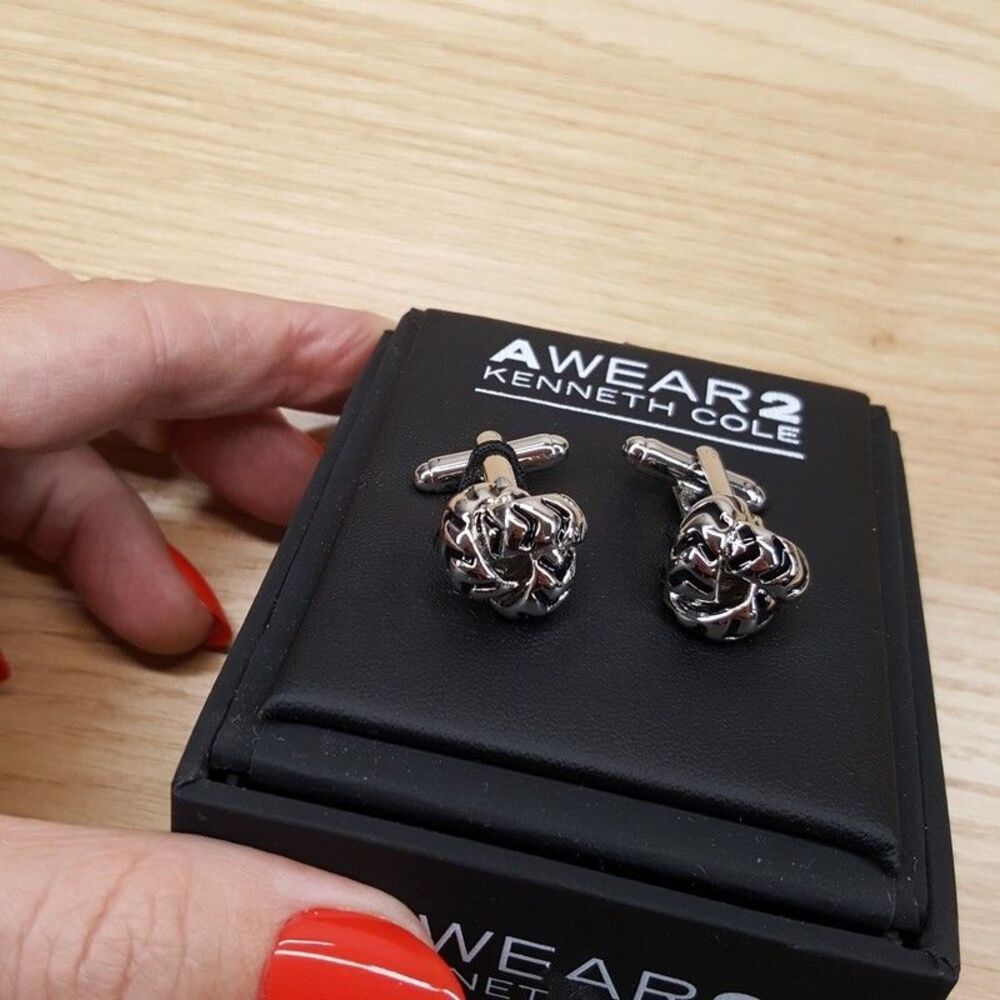 Kenneth Cole AWEAR2 Mens Cuff Links Silver Braided Round Knot